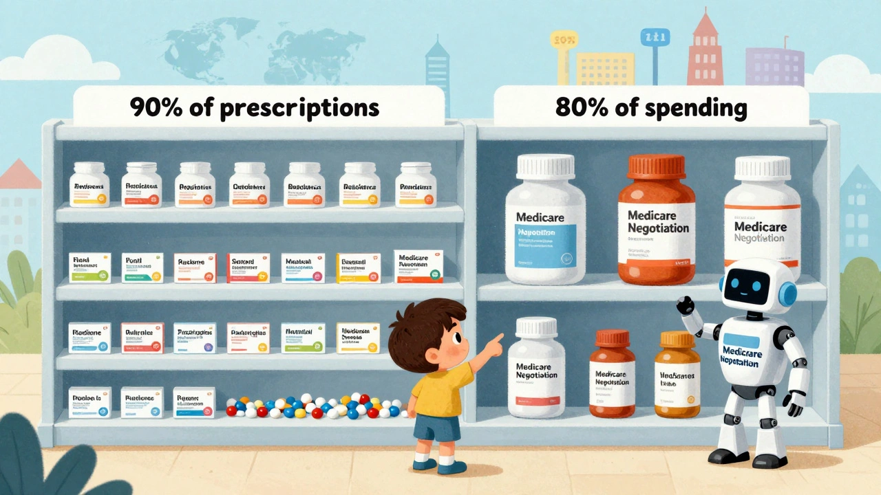 A pharmacy shelf splits into cheap generics and expensive brand-name drugs, with a robot shrinking one high-cost bottle.