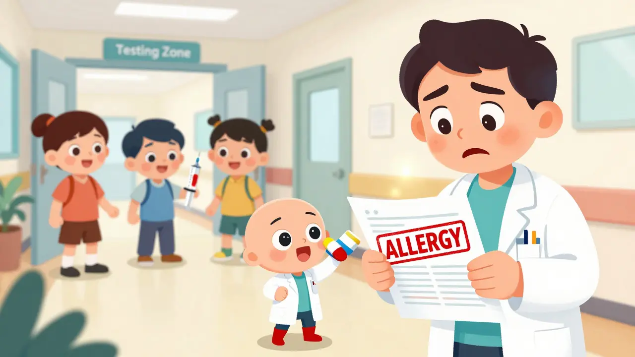 A superhero erases an 'allergy' stamp from a medical chart, symbolizing safe delabeling and proper antibiotic use.