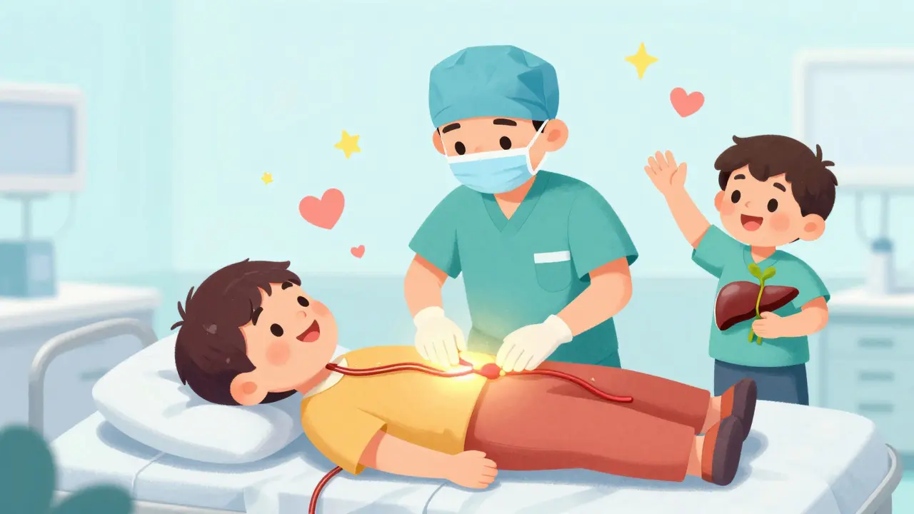 A surgeon places a glowing donor liver into a patient, with a living donor nearby and regenerating liver parts floating like magic.