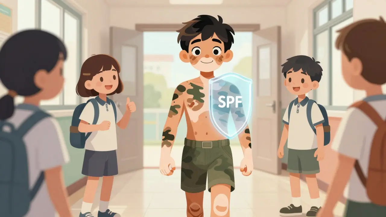 A teenager walking confidently in a school hallway with perfectly matched skin and a glowing SPF shield.
