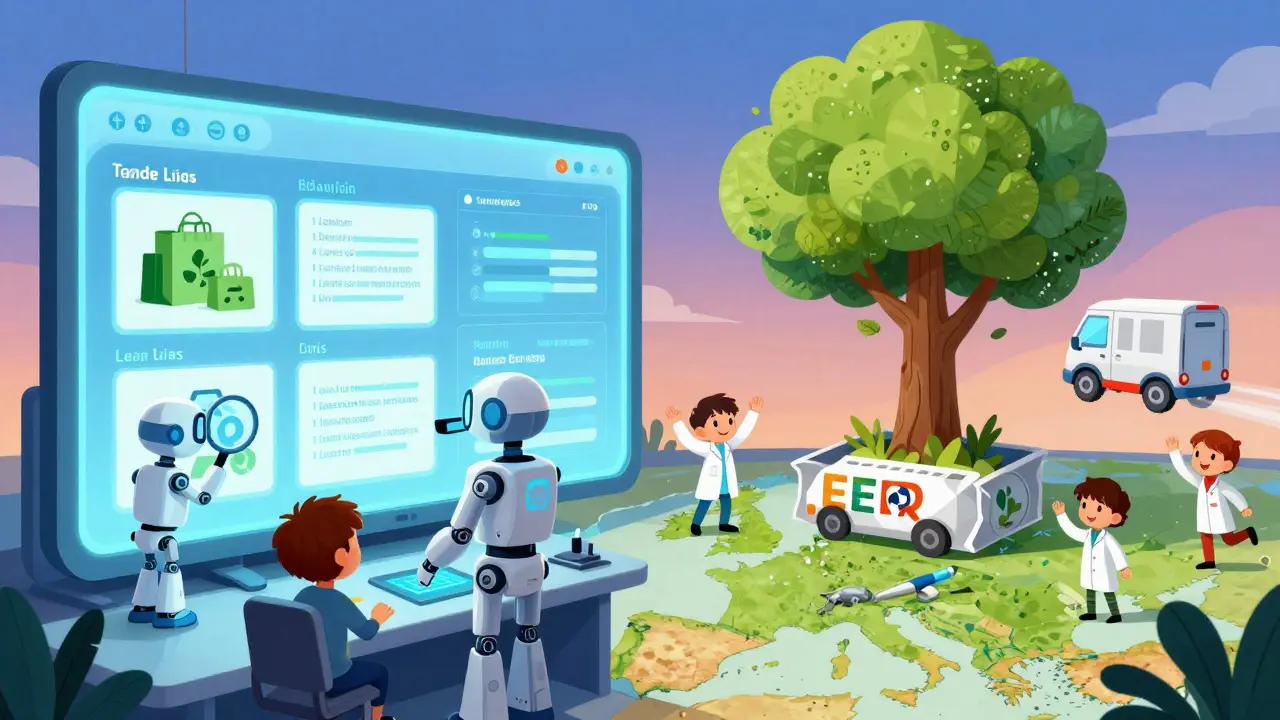 AI robots scanning bids for green packaging on a digital screen, with a tree growing from recycled medicine packaging.