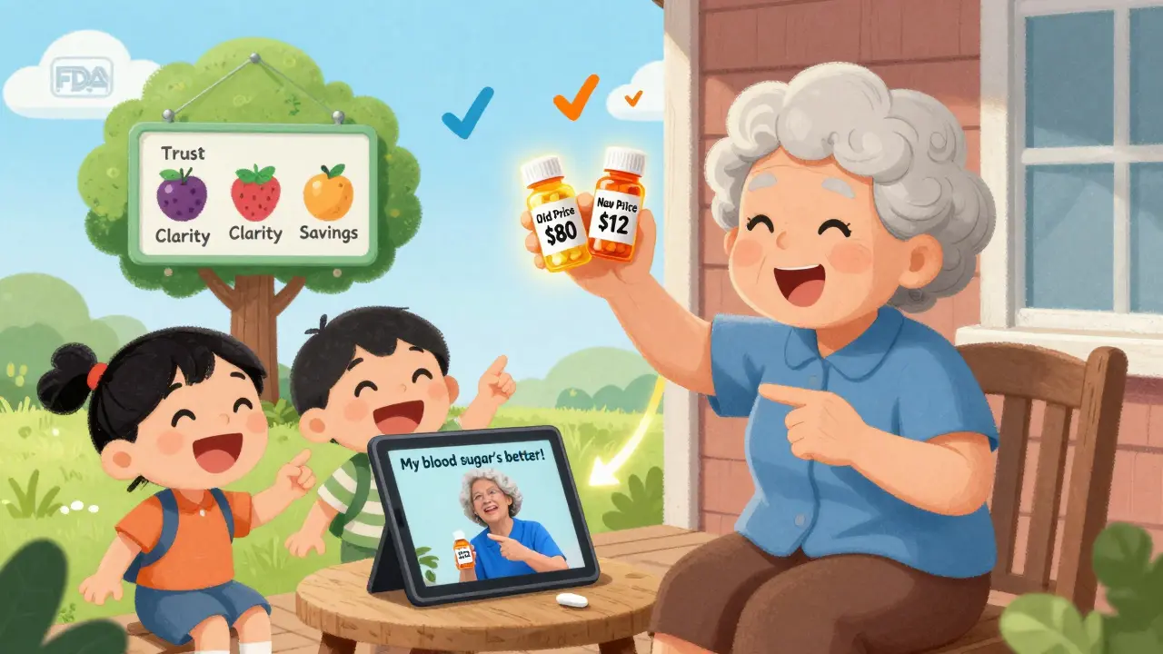 An elderly woman shows two pill bottles with price tags while children watch her video on a tablet, under a tree with savings-themed fruit.
