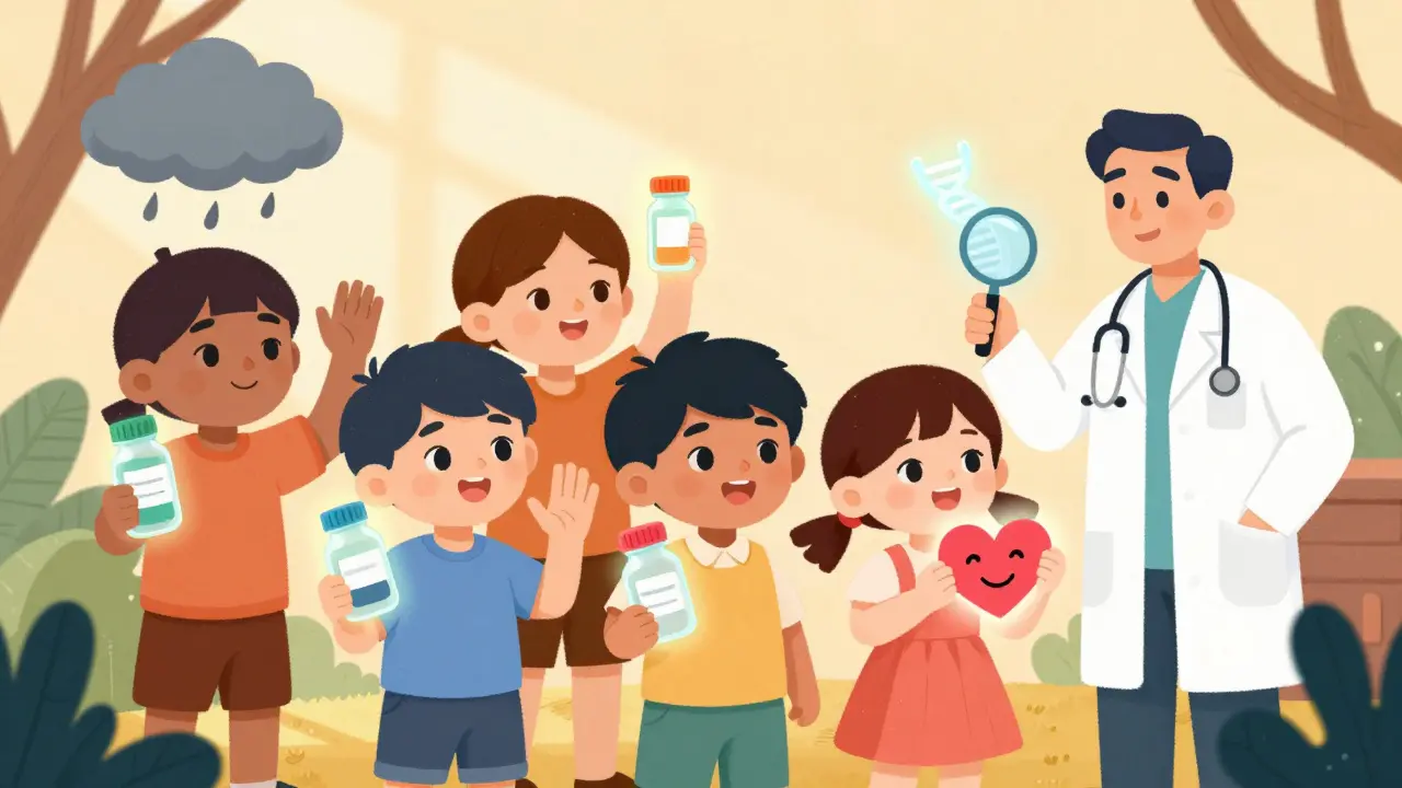 Children with different medicine effects shown as colorful glows, with a doctor holding DNA, in a cheerful educational style.