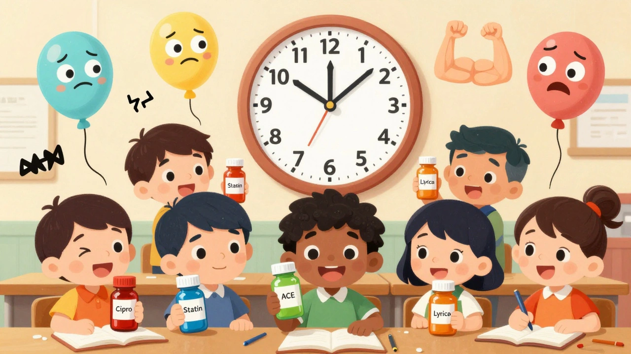 Children with medicine bottles watch as side effect sprites pop out from a giant clock marked with days and months.