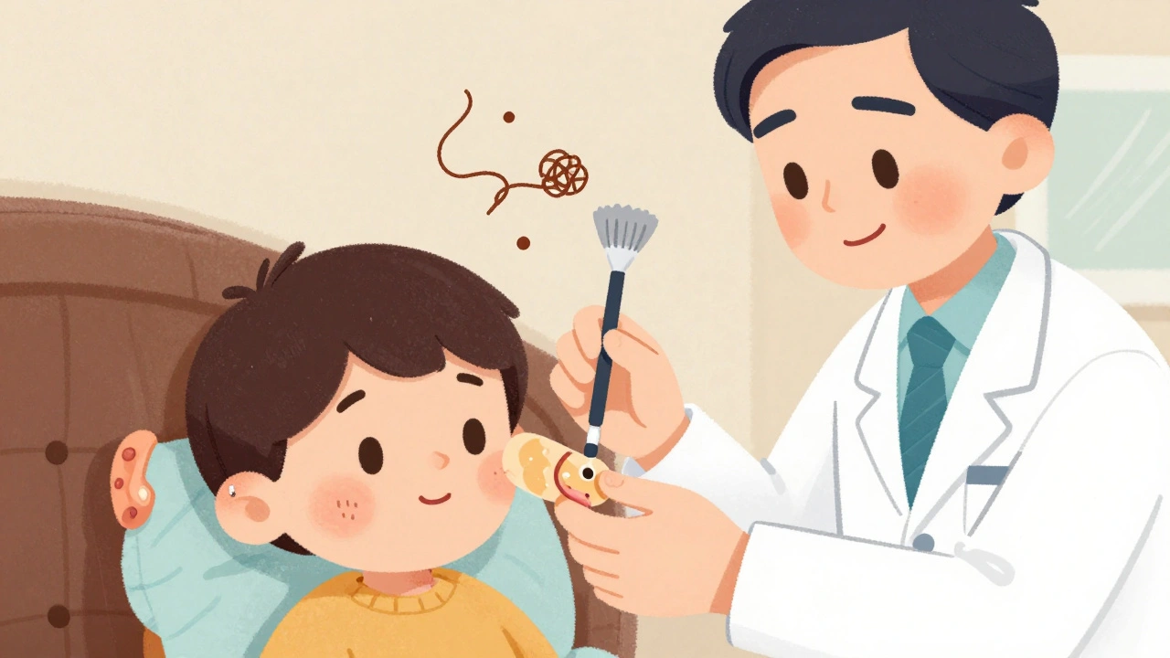 Dermatologist placing a silicone sheet on a keloid scar while a parent holds a pressure earring.