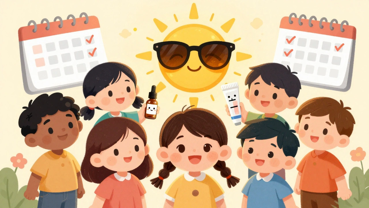 Diverse children celebrating fading dark spots and softened scars with monthly progress photos.