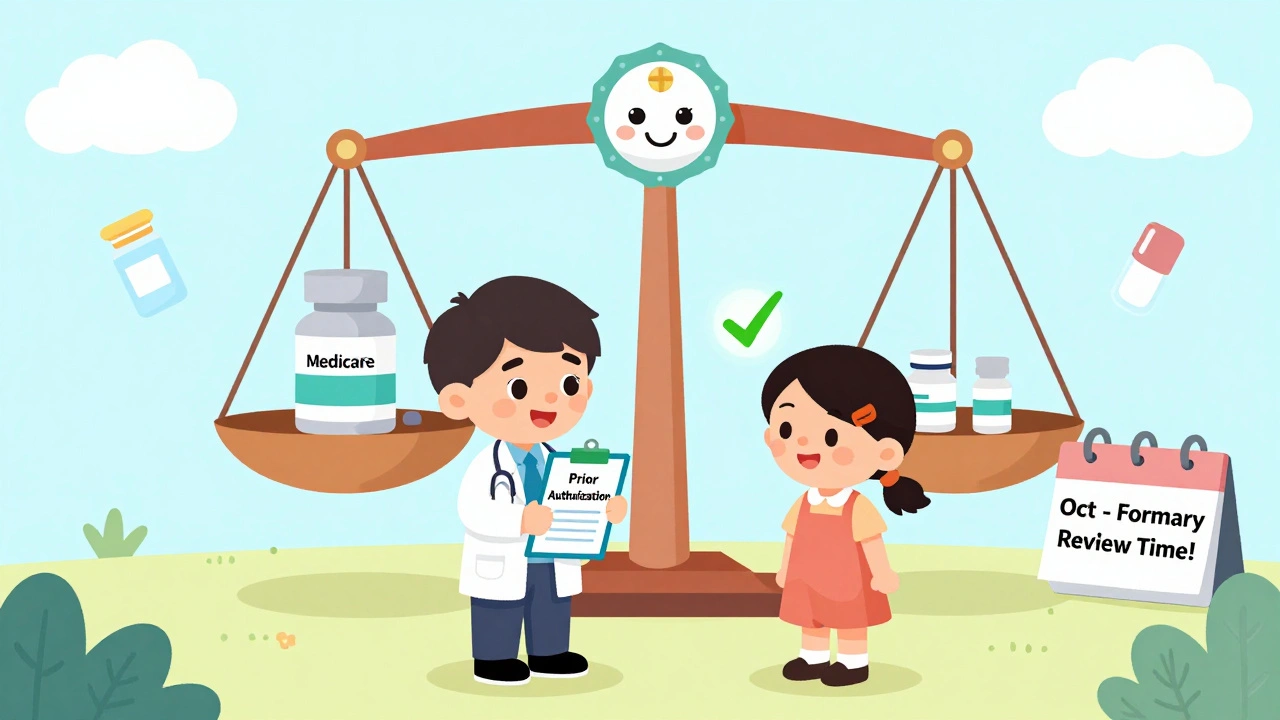 Doctor and pharmacist helping patient with a prior authorization form and a balanced scale showing drug options.