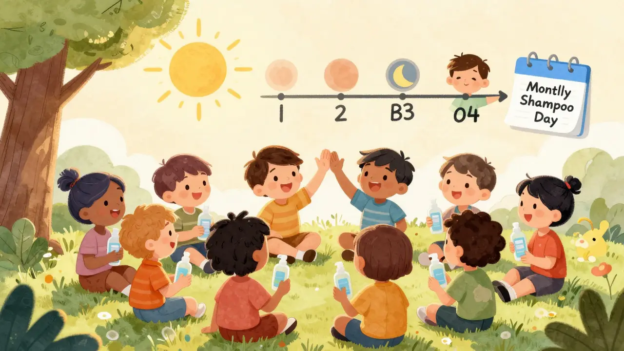 Group of kids celebrating with antifungal shampoo bottles, sun shining, calendar marked for monthly use