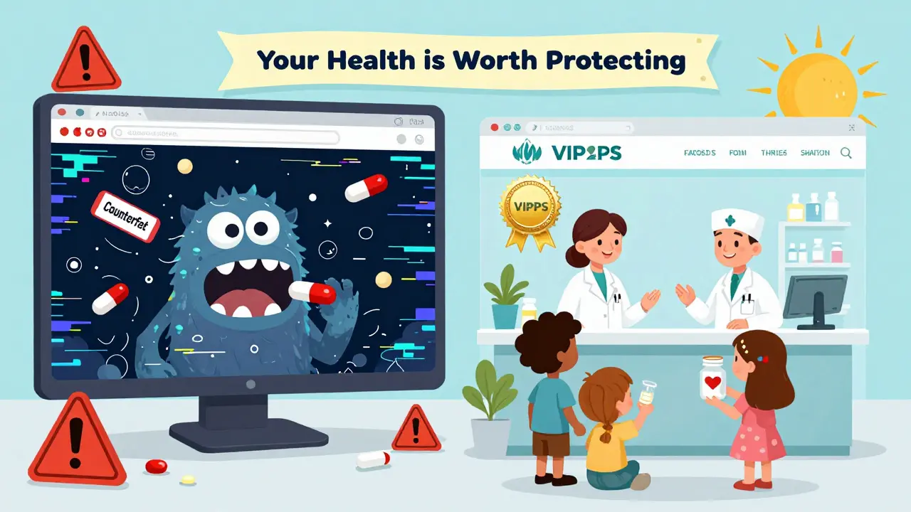 Left side: a glitchy site with fake pills being eaten by a monster; right side: a bright, safe pharmacy with a shining VIPPS seal.