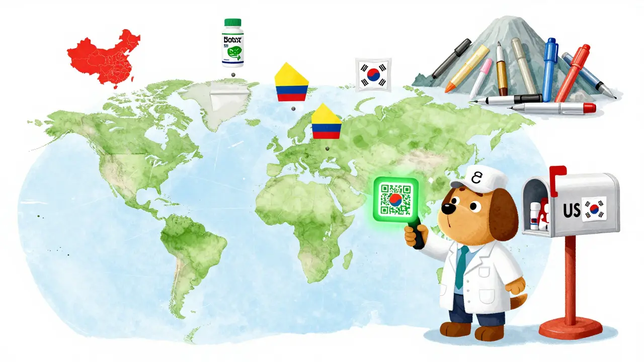 Packages from around the world fly toward a U.S. mailbox, while a detective dog scans fake and real medicines with a glowing device.