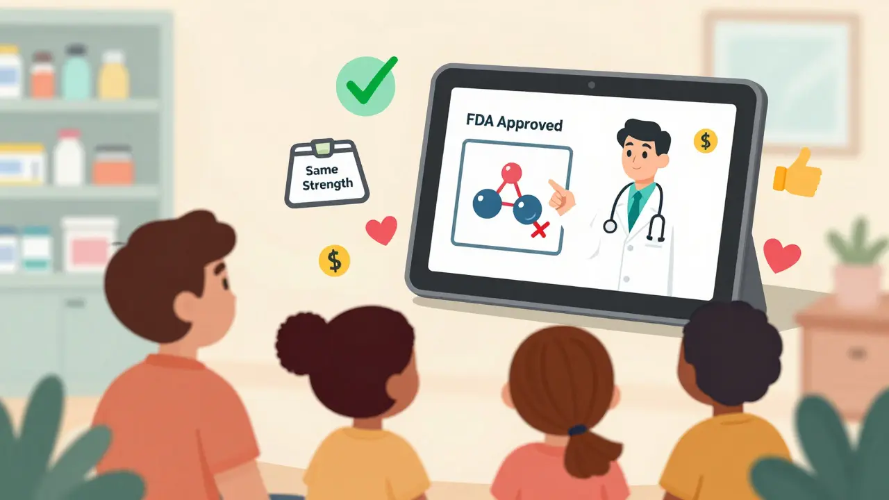 Patients watch a TikTok video on a floating phone screen, with animated icons showing generic drugs are FDA-approved and cheaper.