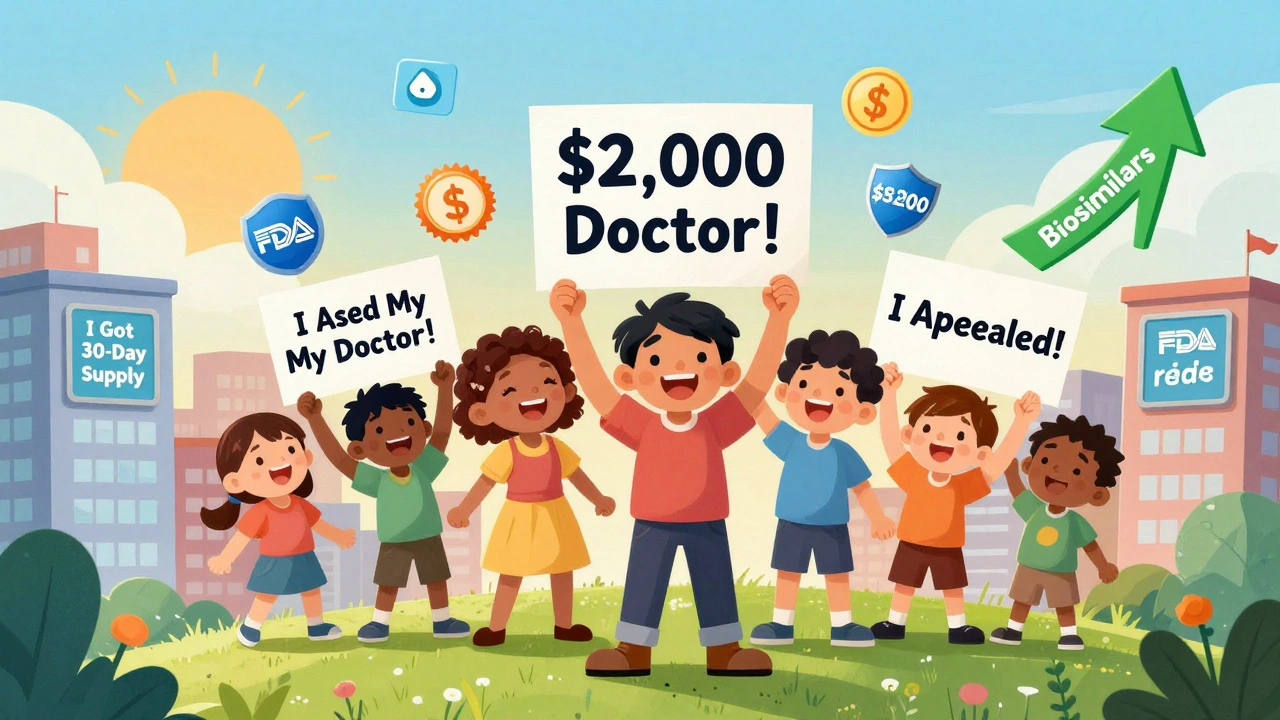 People holding hopeful signs under a sunrise, with biosimilars and a ,000 cap shield protecting them.