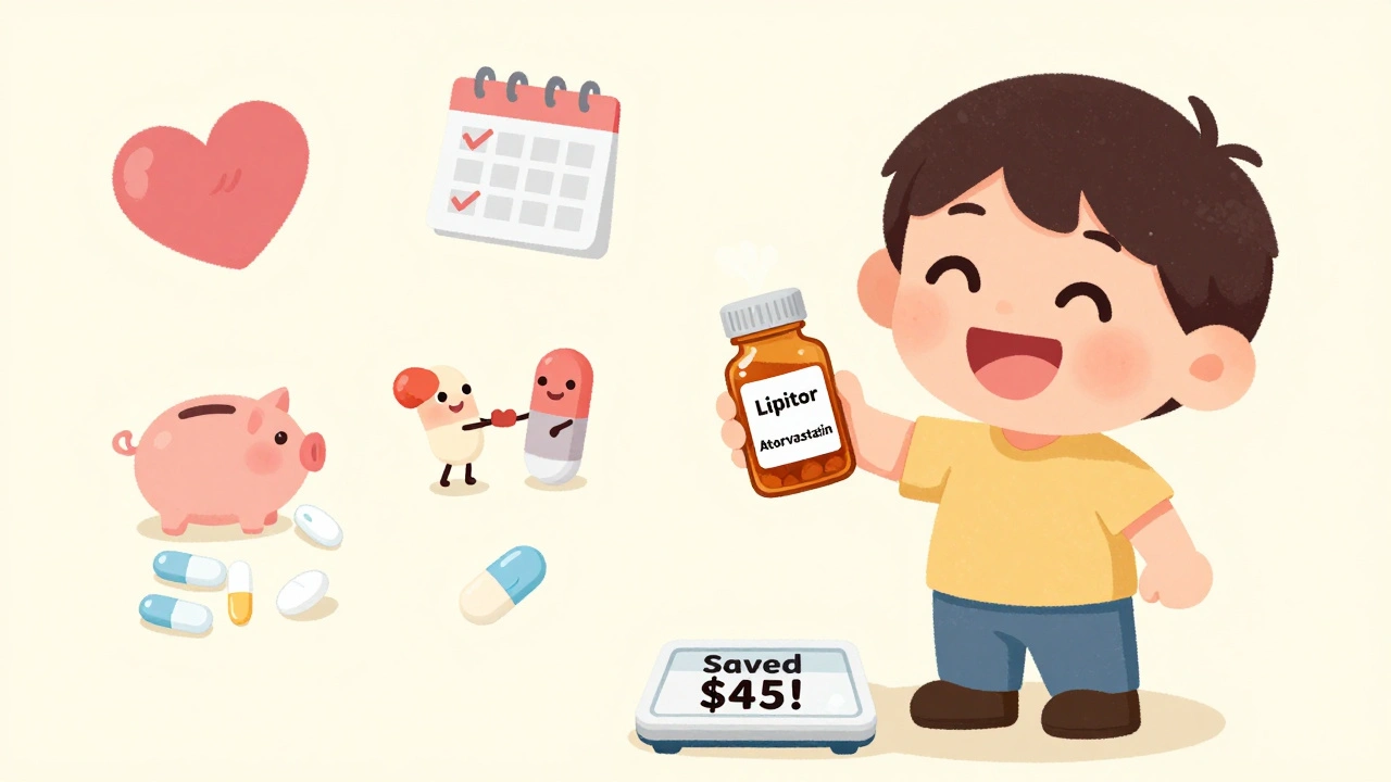 Person smiling while holding a generic pill bottle, with savings and health icons floating nearby.
