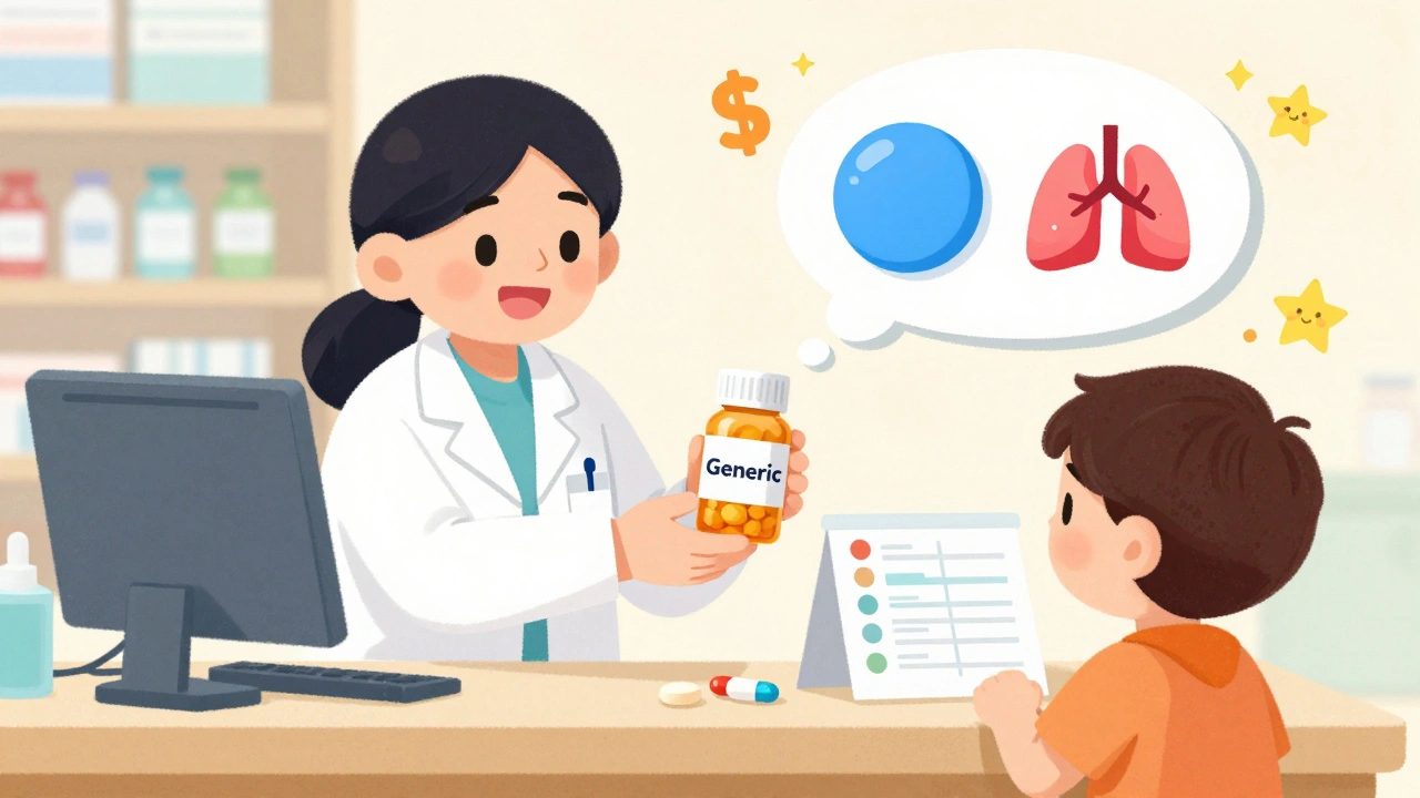 Pharmacist giving a child a generic pill bottle with a visual comparison of two pills.