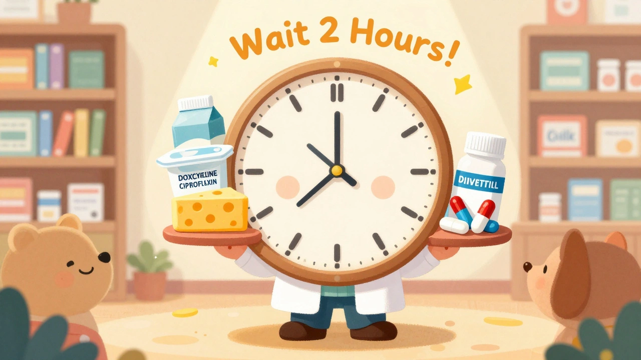 Pharmacist holding a clock separating antibiotics from dairy products with a &#039;Wait 2 Hours!&#039; sign.