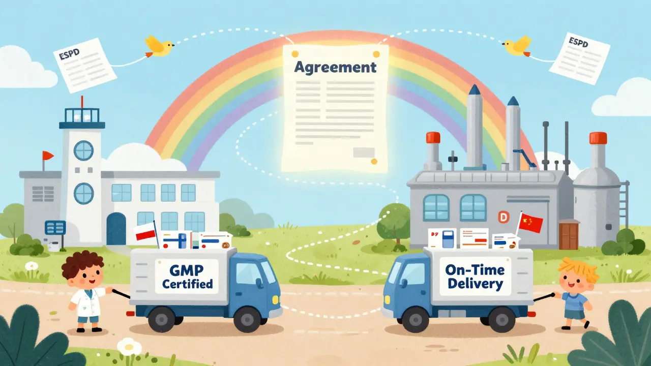 Small and large drug factories sending delivery trucks toward a glowing framework agreement bridge in Europe.