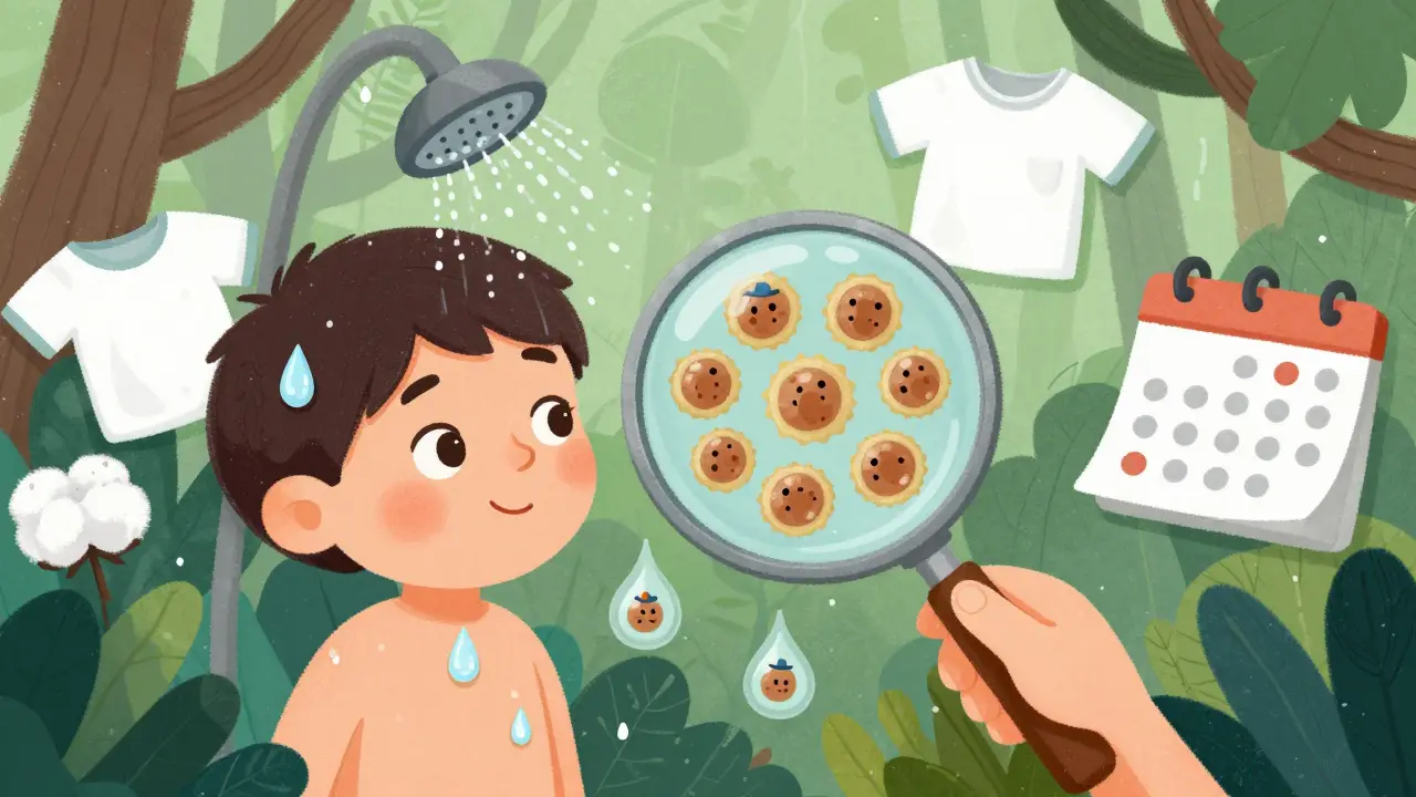 Teen in humid jungle with yeast cells in sweat droplets, magnifying glass showing spaghetti and meatballs pattern