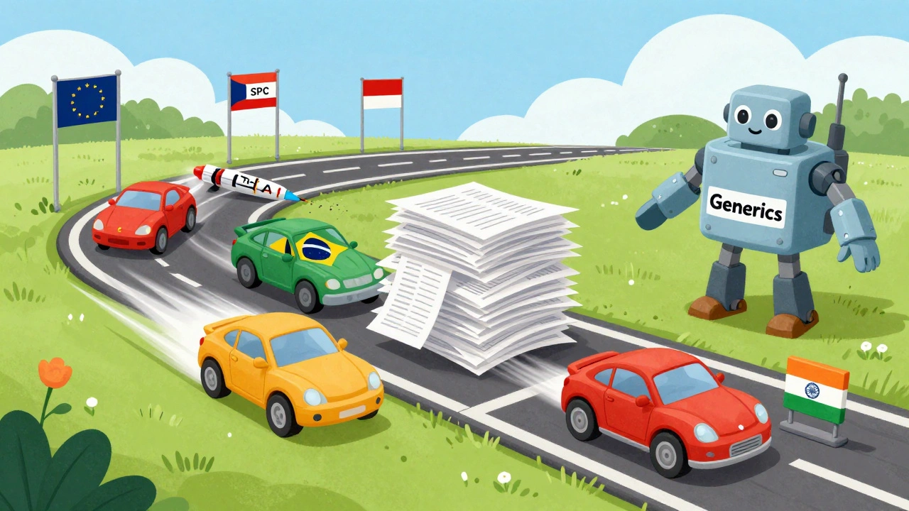 Toy cars racing on a track to country finish lines, with some getting speed boosts and others stuck in paperwork.