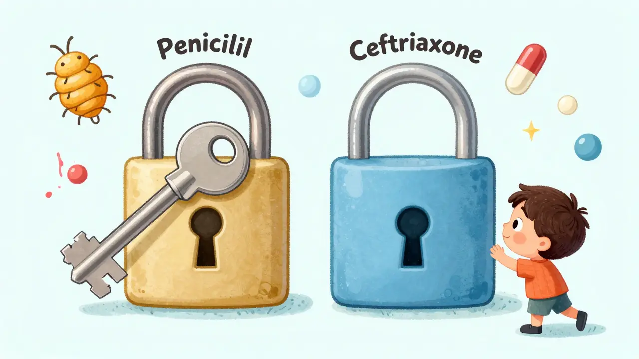 Two keys — jagged and smooth — fit into the same lock, showing low cross-reactivity between penicillin and cephalosporins.