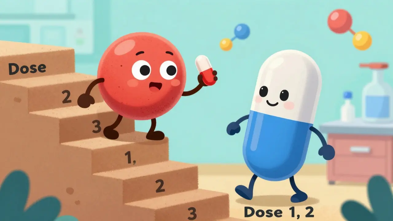Two pill characters climbing different paths to show dosing differences.
