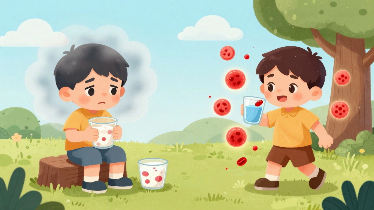 Two side-by-side scenes: sick child with dairy vs. healthy child waiting to eat dairy after pill.
