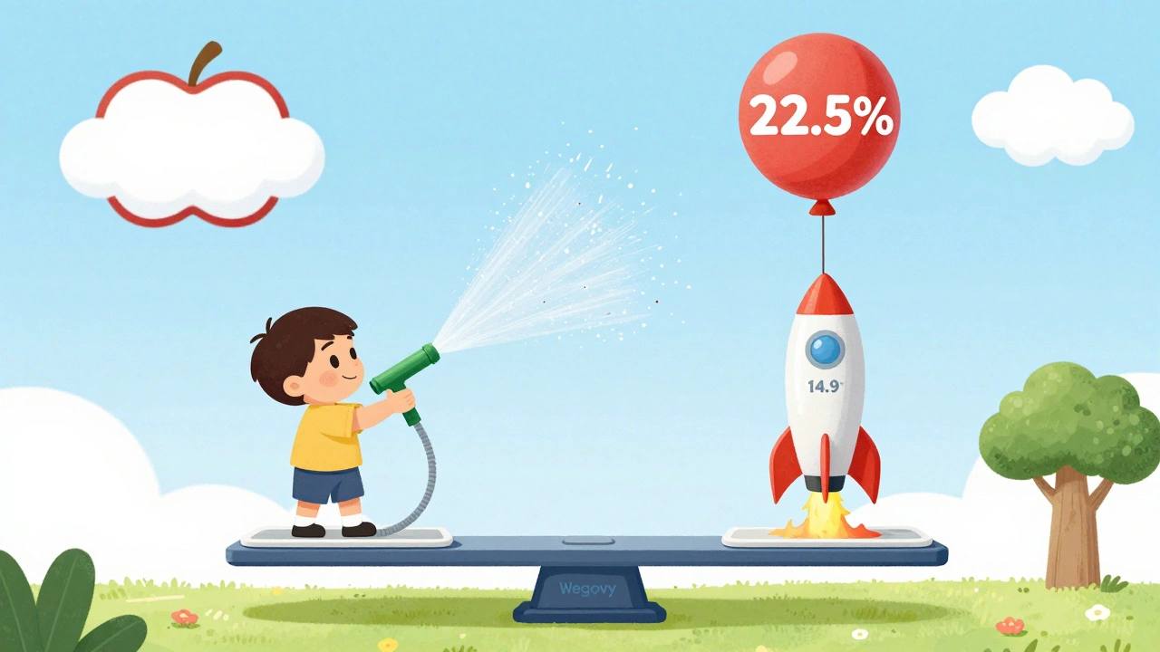 Two weight loss methods compared: a sprinkler and a rocket launching body weight balloons in a whimsical sky.