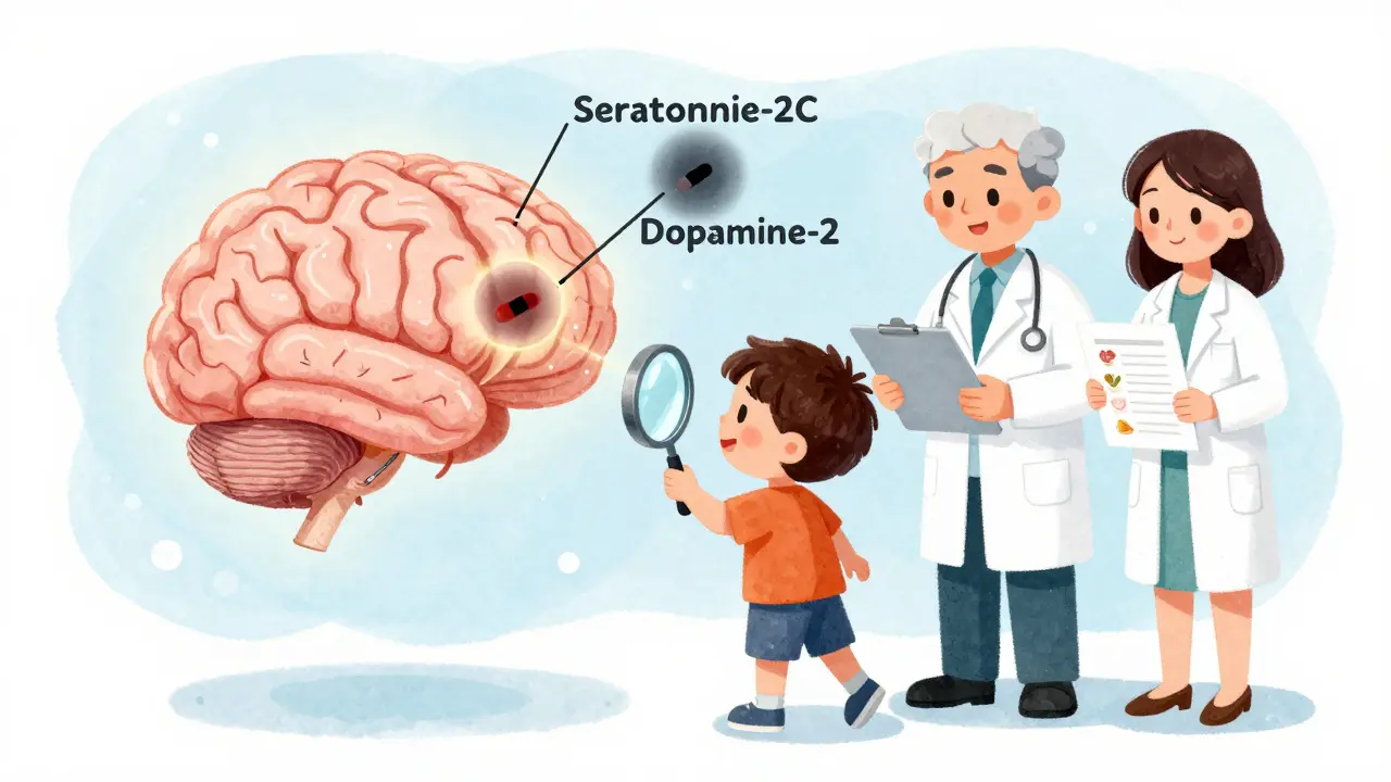 A brain with blocked receptors, viewed through a magnifying glass, with supportive figures nearby.