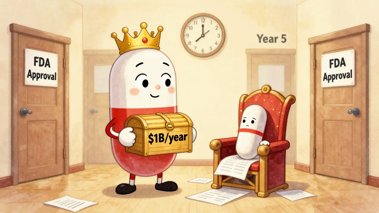 A brand-name pill on a throne while a generic capsule sits idle surrounded by locked doors and a frozen clock.
