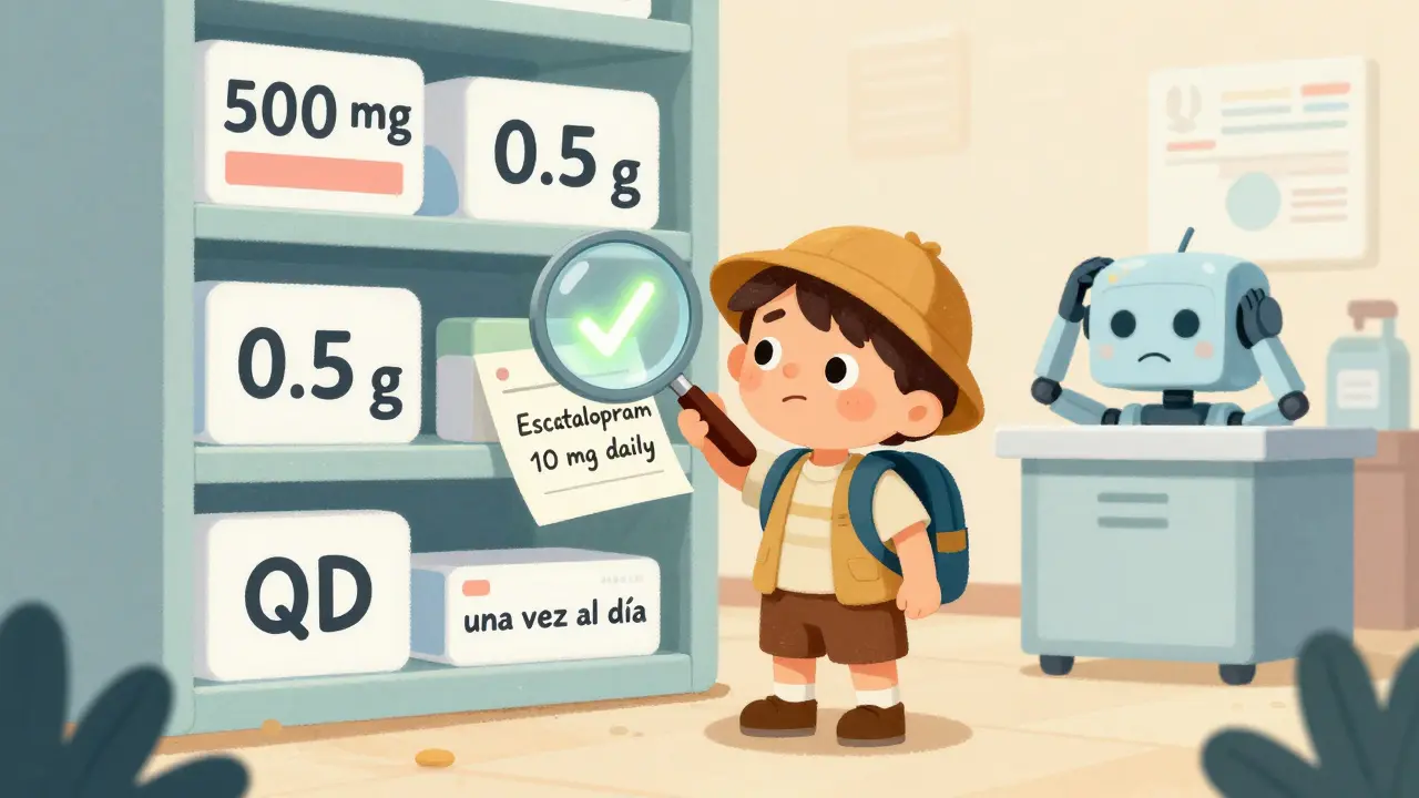 A child holding a note with medication details next to a pharmacy shelf with confusing dosage labels.