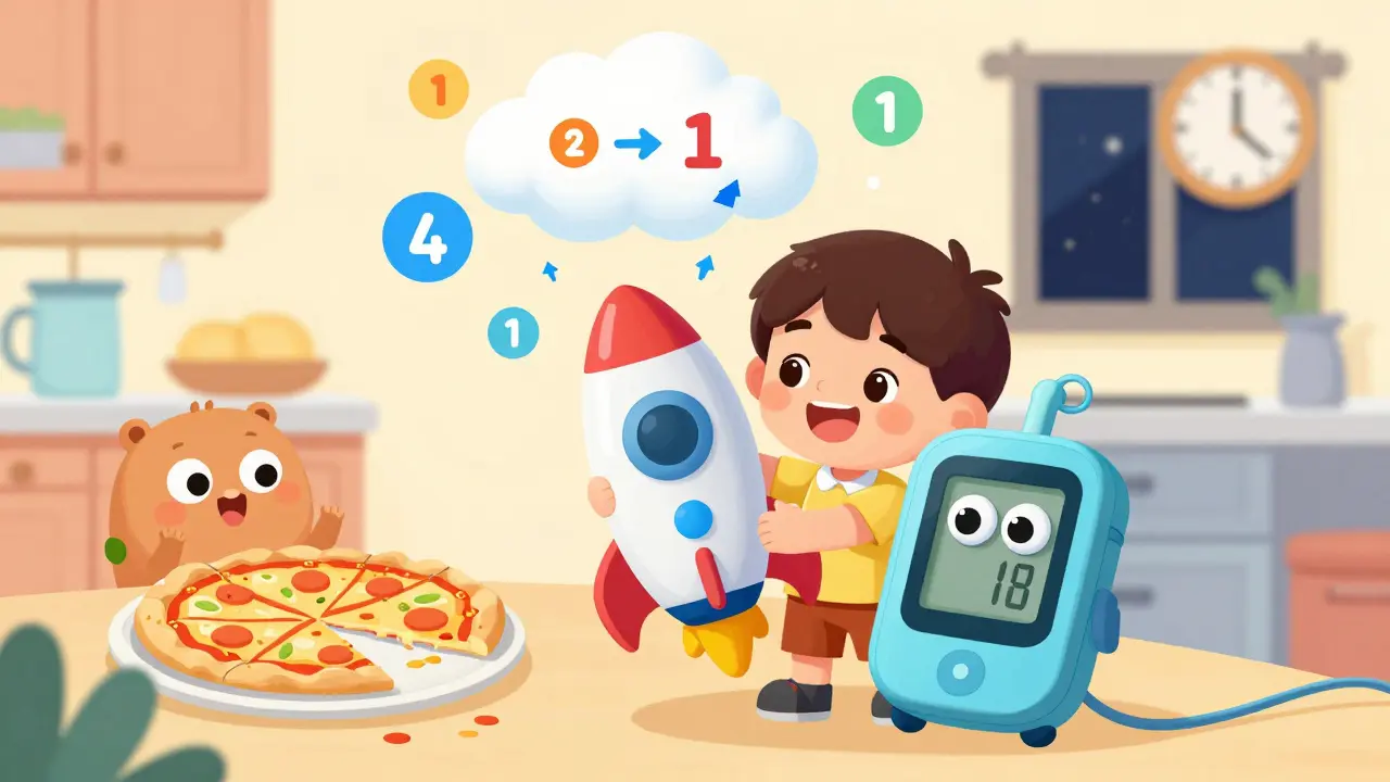 A child holds a rocket-shaped insulin pump while a friendly glucose monitor with googly eyes floats beside them.