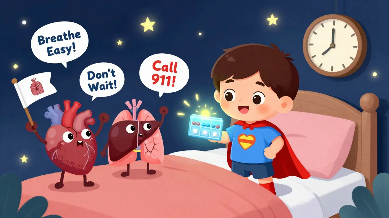 A child in a cape stands beside a glowing pill organizer, with friendly organs waving safety flags under a night sky.