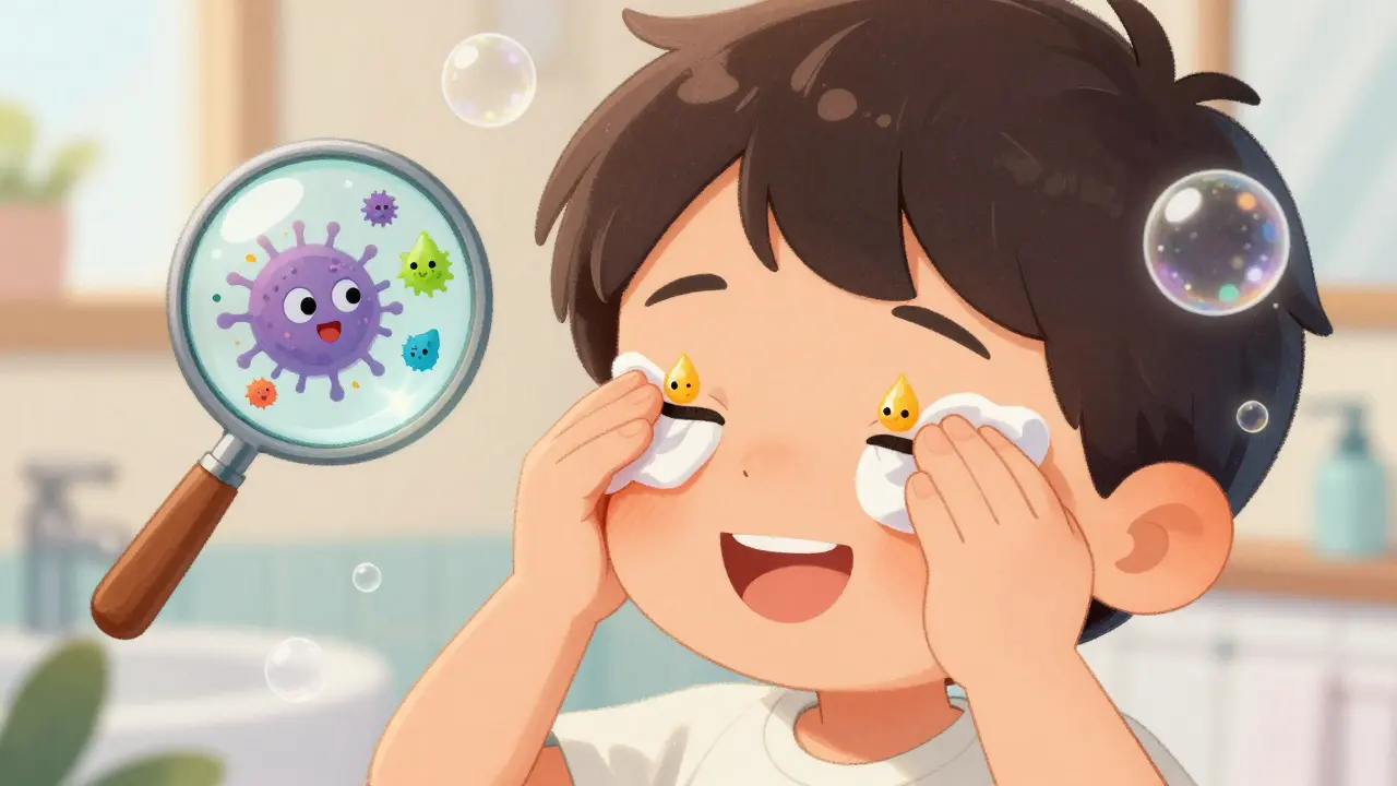A child massaging their eyelids as happy oil droplets swim out, with a sparkly cloth wiping away bacteria.