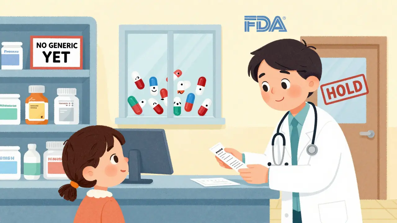 A child receiving a prescription as a pharmacy shelf shows only brand-name drugs, with other generics waiting behind a 'HOLD' sign.