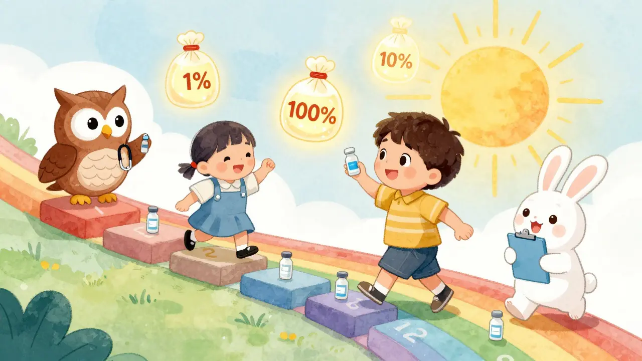 A child walks a rainbow path of steps with glowing medicine bags, guided by animal helpers, symbolizing successful desensitization.