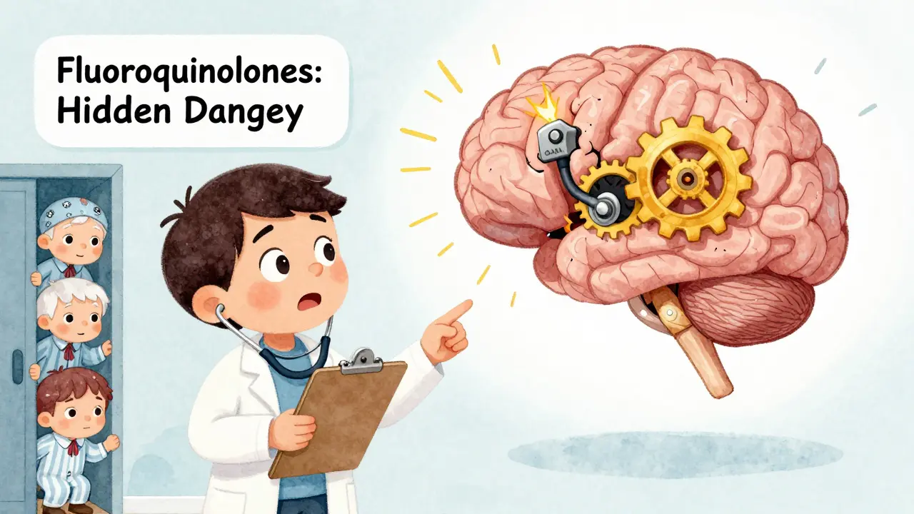 A doctor explains a brain with broken brakes and sparking gears, showing antibiotic risks.