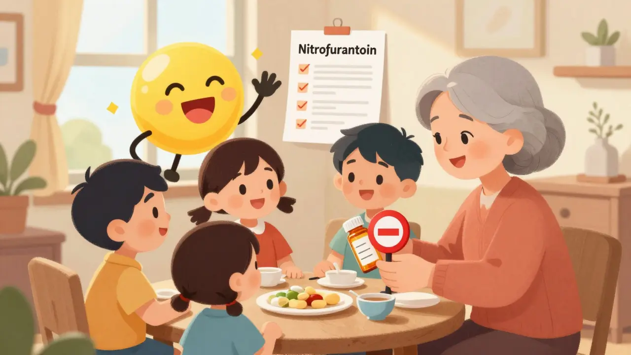 A family holds a stop-sign pill while a safer antibiotic smiles beside a checklist.