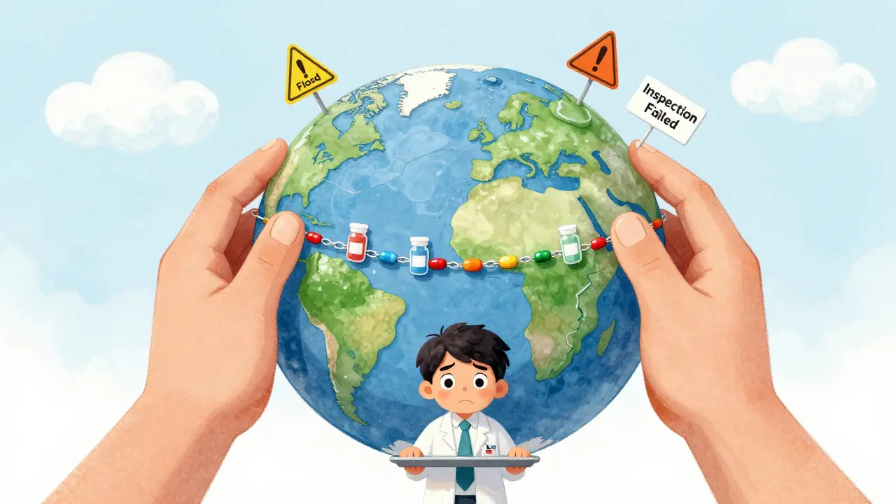 A globe held by two hands with pill bottles chained together, a pharmacist below holding an empty tray.