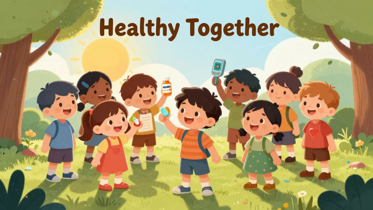 A group of children holding health tools under a tree labeled 'Healthy Together'.