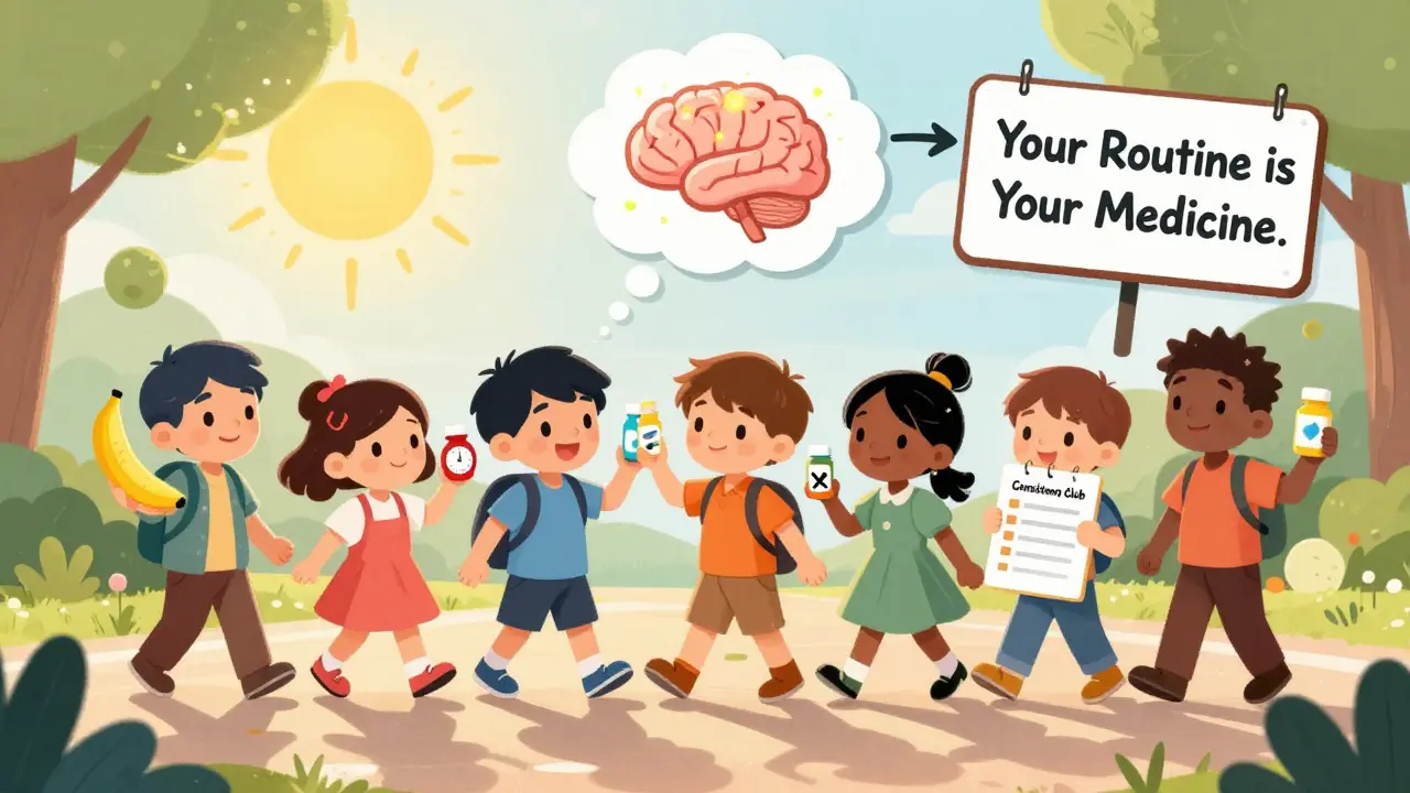 A group of people walk together holding pill bottles, following a path to a glowing brain.