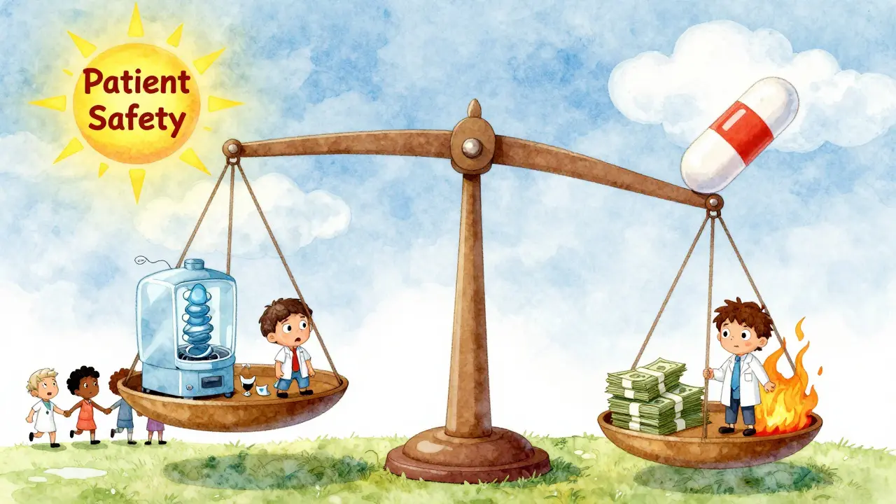 A medicine pill balances against chaos on a scale, with a sun labeled 'Patient Safety' shining above as experts unite to restore balance.