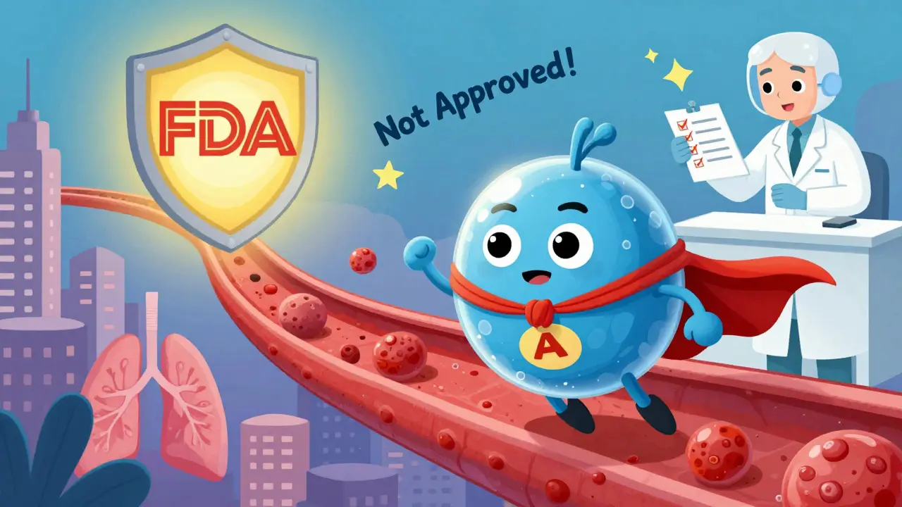 A nanoparticle superhero flies toward lungs while a clumsy generic version stumbles behind.