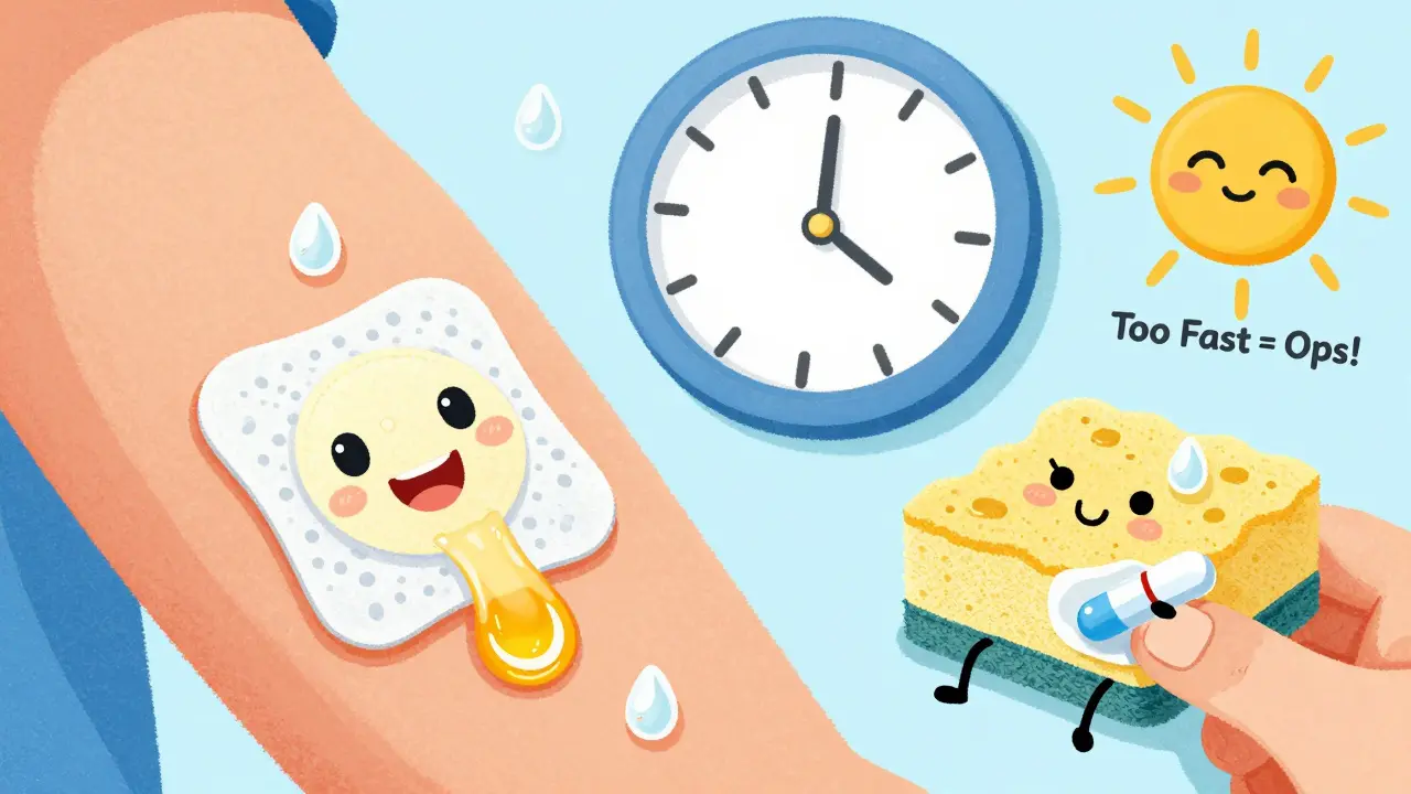 A patch on an arm releasing slow, happy medicine droplets into the skin with a ticking clock nearby.