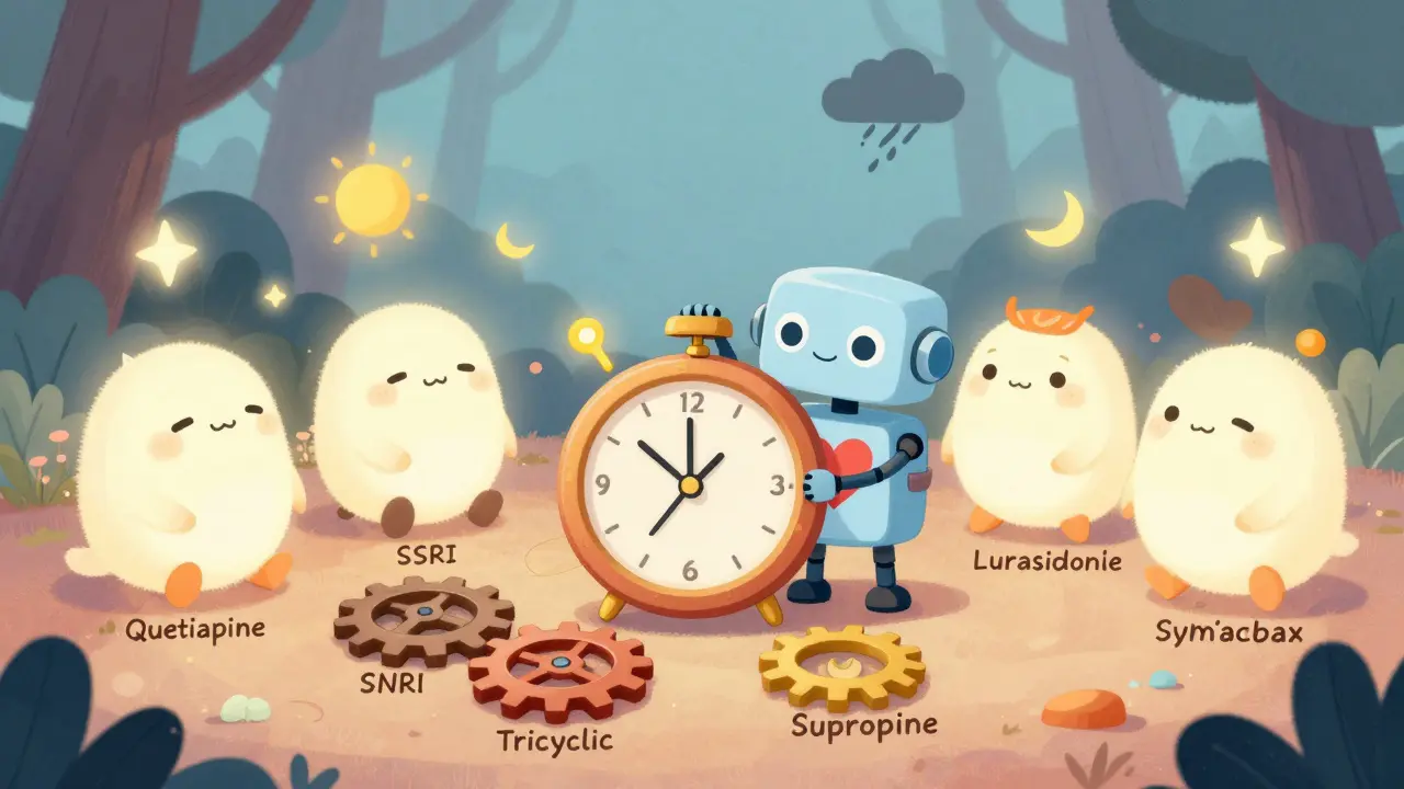 A robot fixing a mood clock with calm creatures helping, while broken antidepressant gears lie nearby.