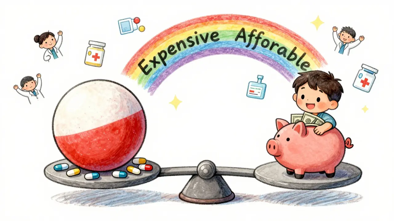 A scale balances a big brand pill against ten small generics, with a child holding a piggy bank full of savings.