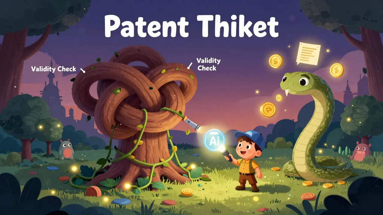 A small inventor uses AI light to untangle a giant patent knot in a magical forest.