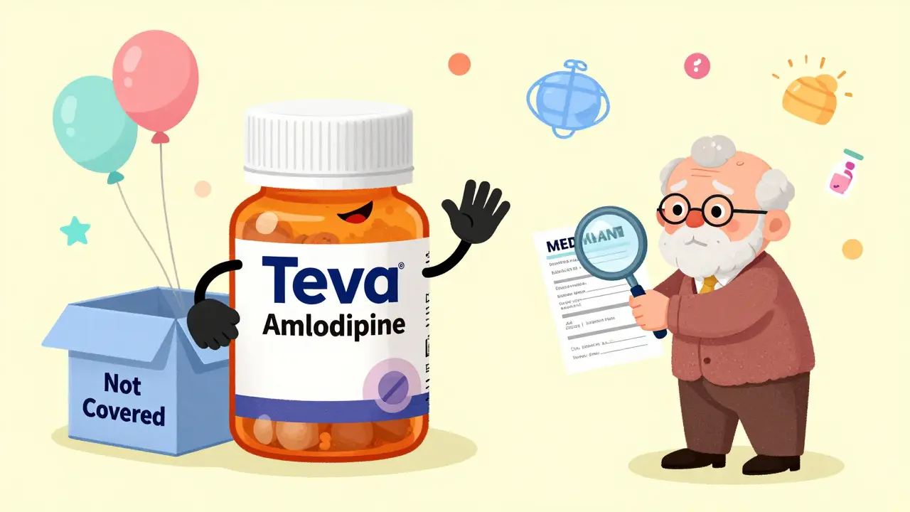 A smiling generic pill waves next to a locked rival pill, while a retiree uses a magnifying glass to read a Medicare formulary chart.