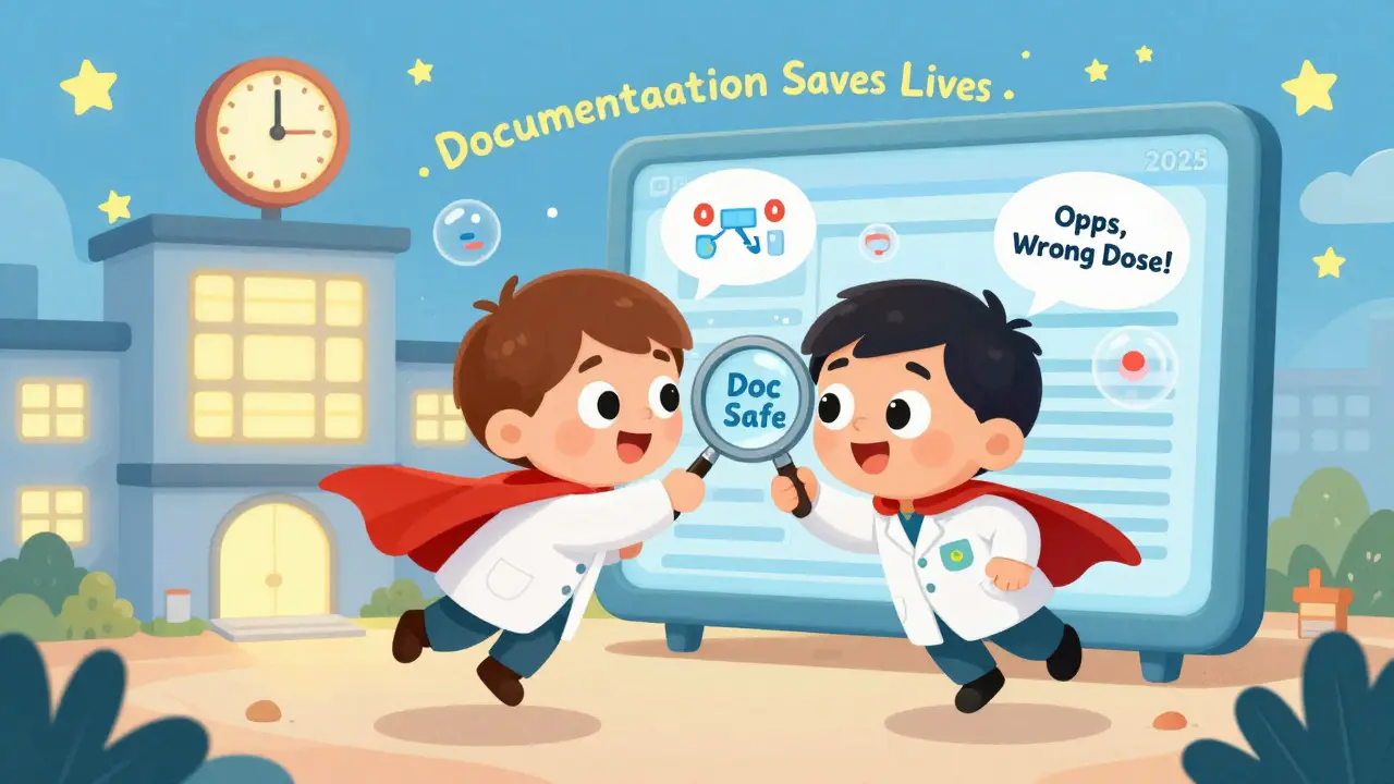 A superhero named 'Doc Safe' inspects a bypass alert on a glowing EHR screen, with a 2025 clock in the background.