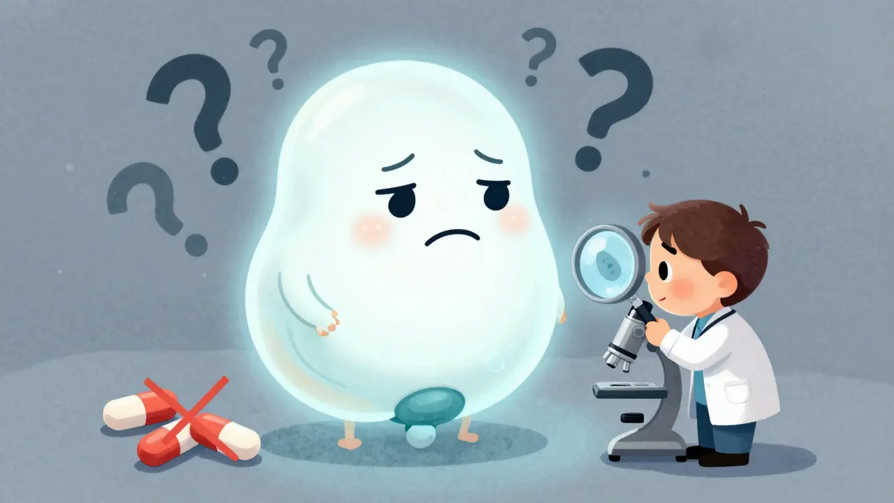 A swollen bladder with a sad face, surrounded by crossed-out UTI pills, showing invisible pain.