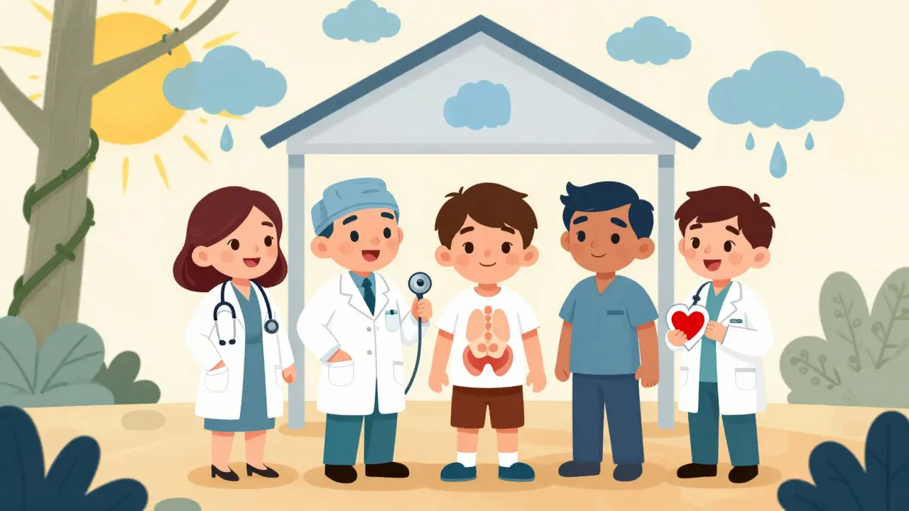 A team of specialists helping a woman as endometriosis and IC symptoms fade in sunlight.