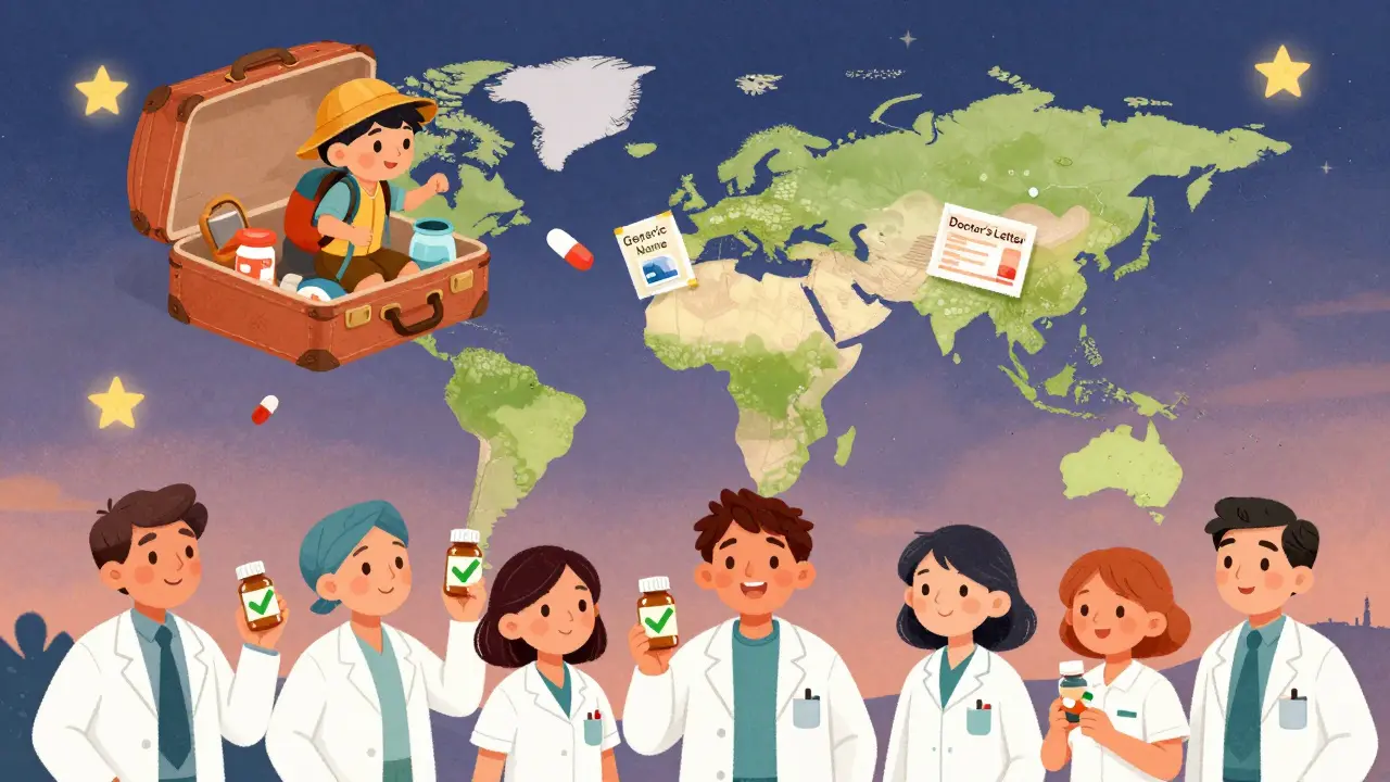 A traveler in a suitcase balloon dropping important medication info onto cities around the world.